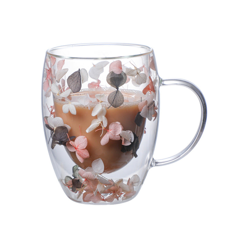 Real Flower Double Layer Glass Cup Borosilicate Simple