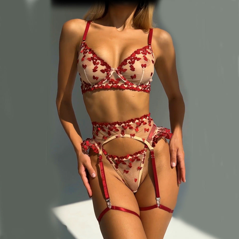 Embroidered Mesh Lingerie 4 PCs Set